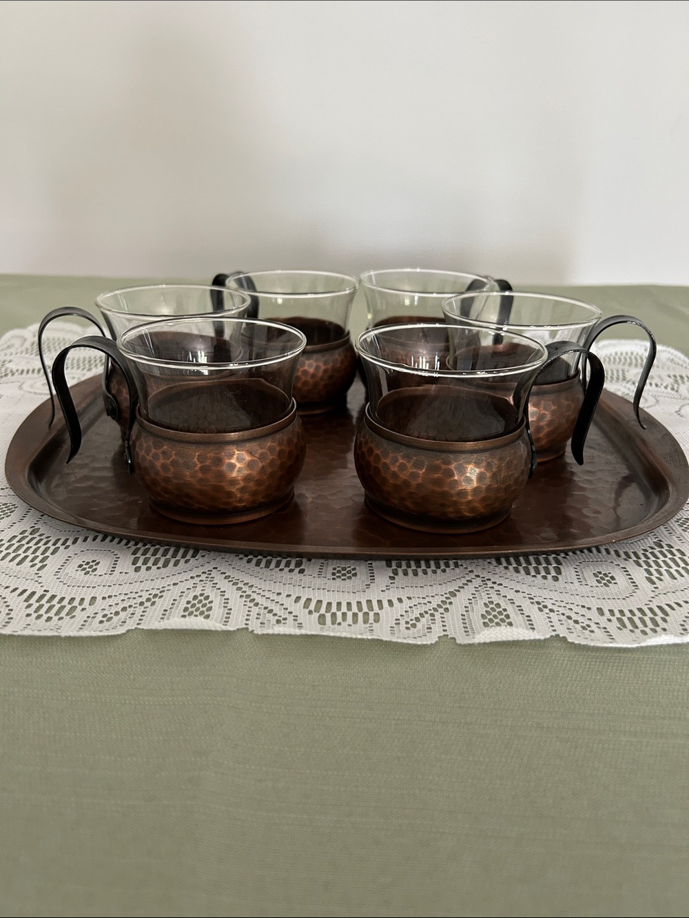 MCM Hammered Copper Glass Tea Cup Set - 6pc Swiss made Stockli Netstal Rare